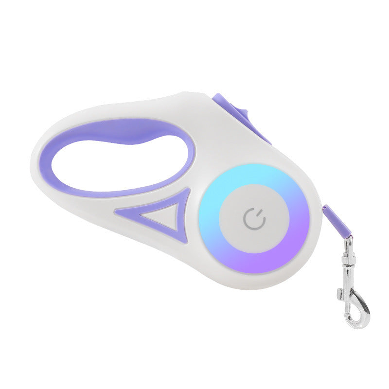 White and purple automatic retractable dog leash with ergonomic handle and metal clasp