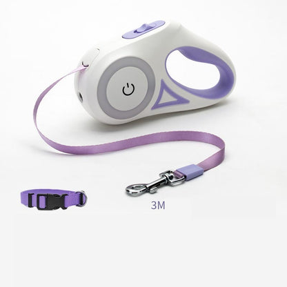Purple and white 3M retractable dog leash with ergonomic handle and matching purple collar