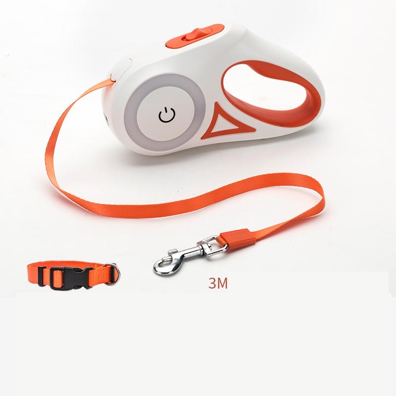White and orange retractable dog leash with 3-meter orange nylon tape and matching adjustable collar