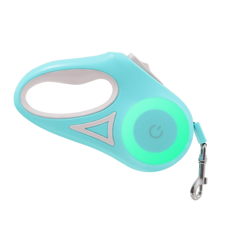 Light blue retractable dog leash with ergonomic handle and power button on white background