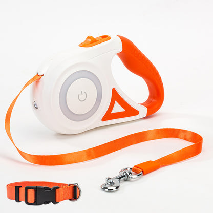 Orange and white retractable dog leash with ergonomic handle, 3m extendable traction rope, and matching orange collar