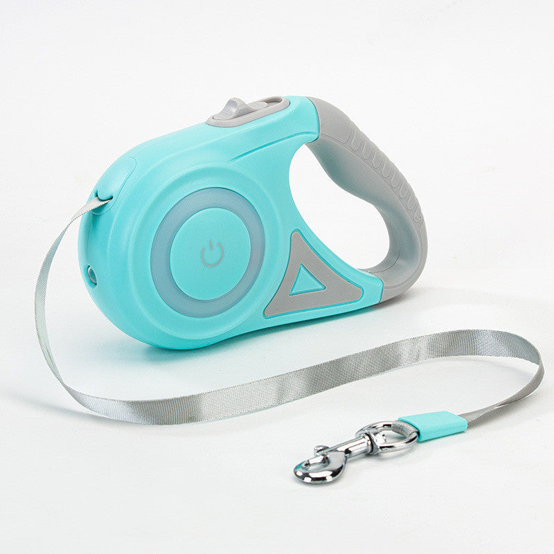 blue and gray retractable dog leash with ergonomic handle and metal clip on white background
