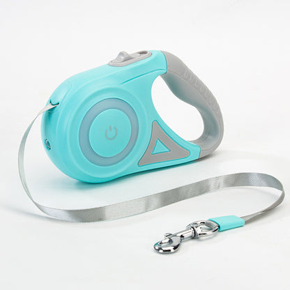 blue and gray retractable dog leash with ergonomic handle and metal clip on white background