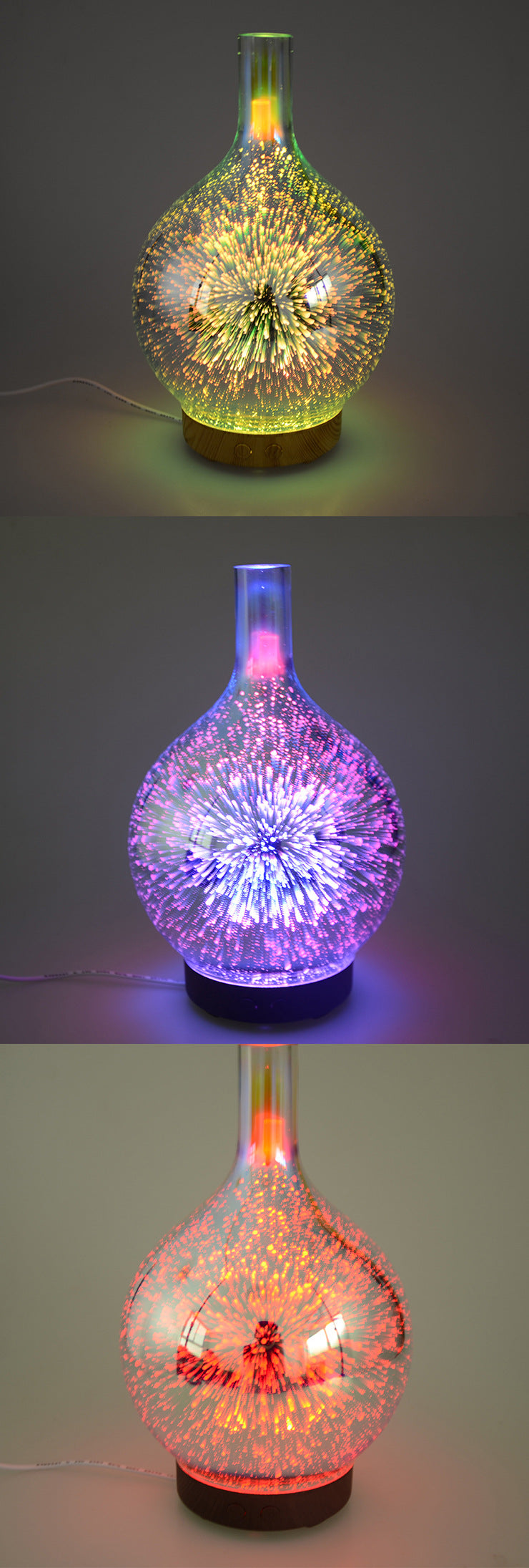 Three colorful 3D firework ultrasonic aroma diffusers with wooden bases on grey and beige backgrounds