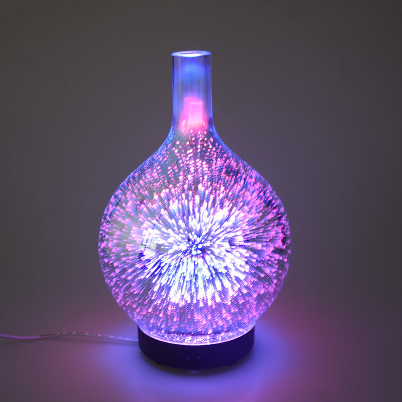Purple and blue firework-effect ultrasonic diffuser and aromatherapy humidifier on black base