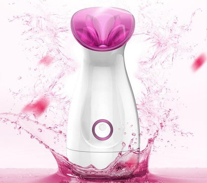 White and purple Trendoligy nano ion facial steamer with hot spray splash on pink background