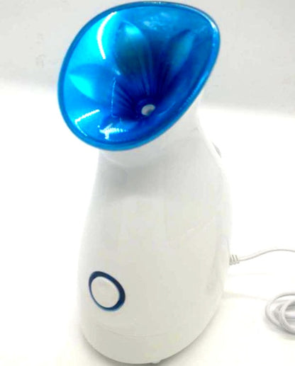 White facial steamer with blue flower-shaped nozzle and power button on a white background