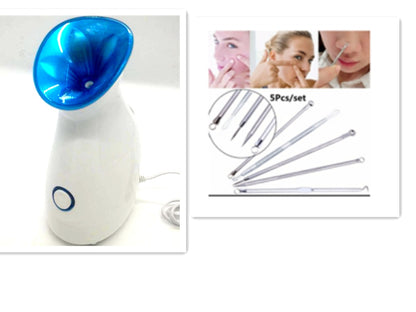 White and blue facial steamer with button and cord, plus a 5-piece metal blackhead extractor set with usage images