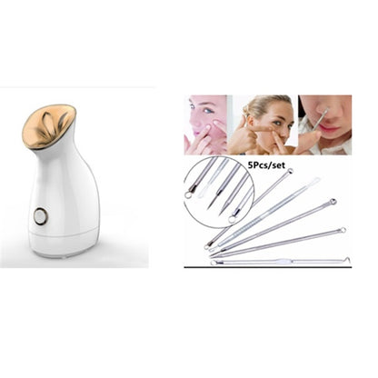 White nano ion facial steamer and 5-piece stainless steel blackhead removal tools set with usage demonstration