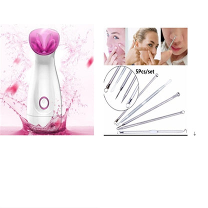 White and purple nano ion facial steamer with water splash and five-piece stainless steel blackhead removal tool set