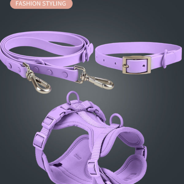 Purple four-piece dog set including waterproof tactical harness, collar, and leash with metal buckles
