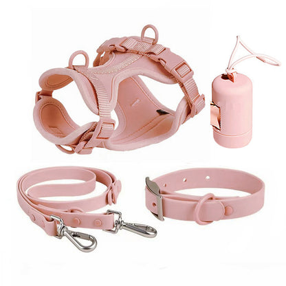 Pink four-piece dog set including waterproof tactical harness, leash, collar, and waste bag dispenser