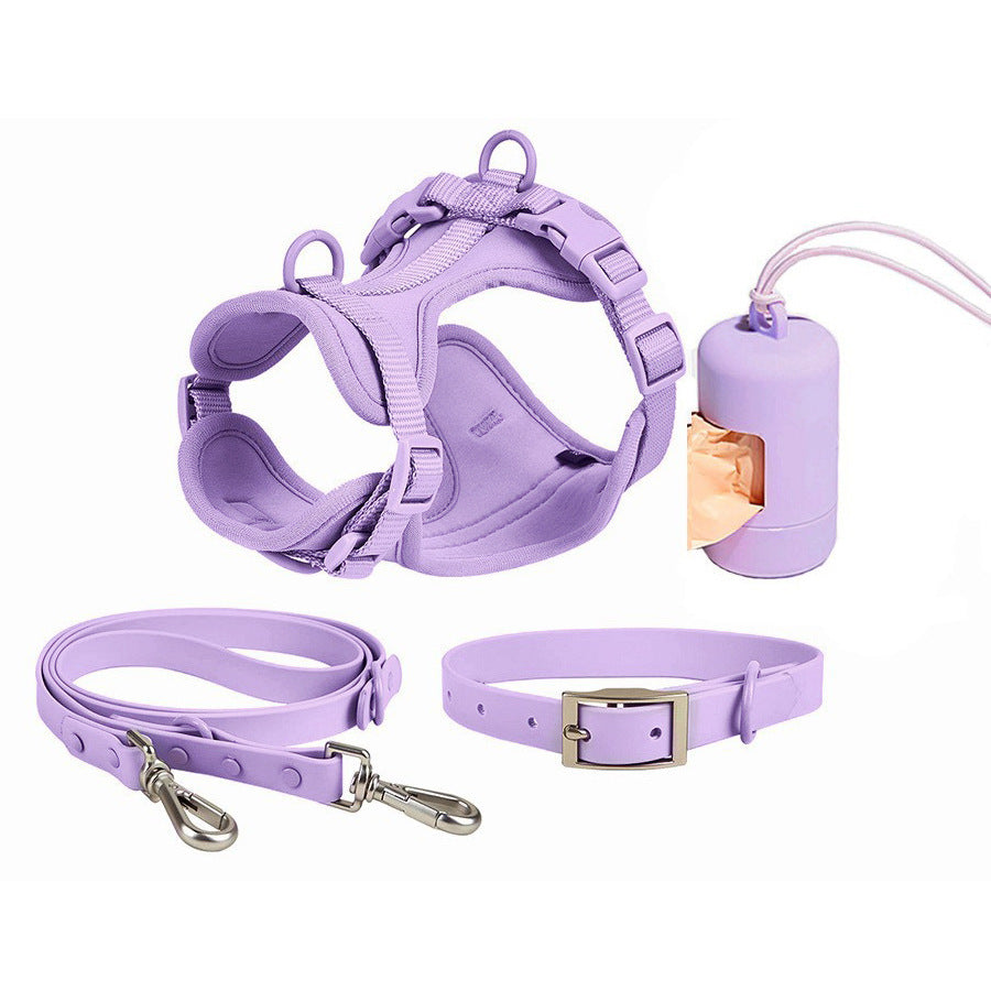 Purple four-piece dog set including tactical harness, collar, leash, and waste bag dispenser