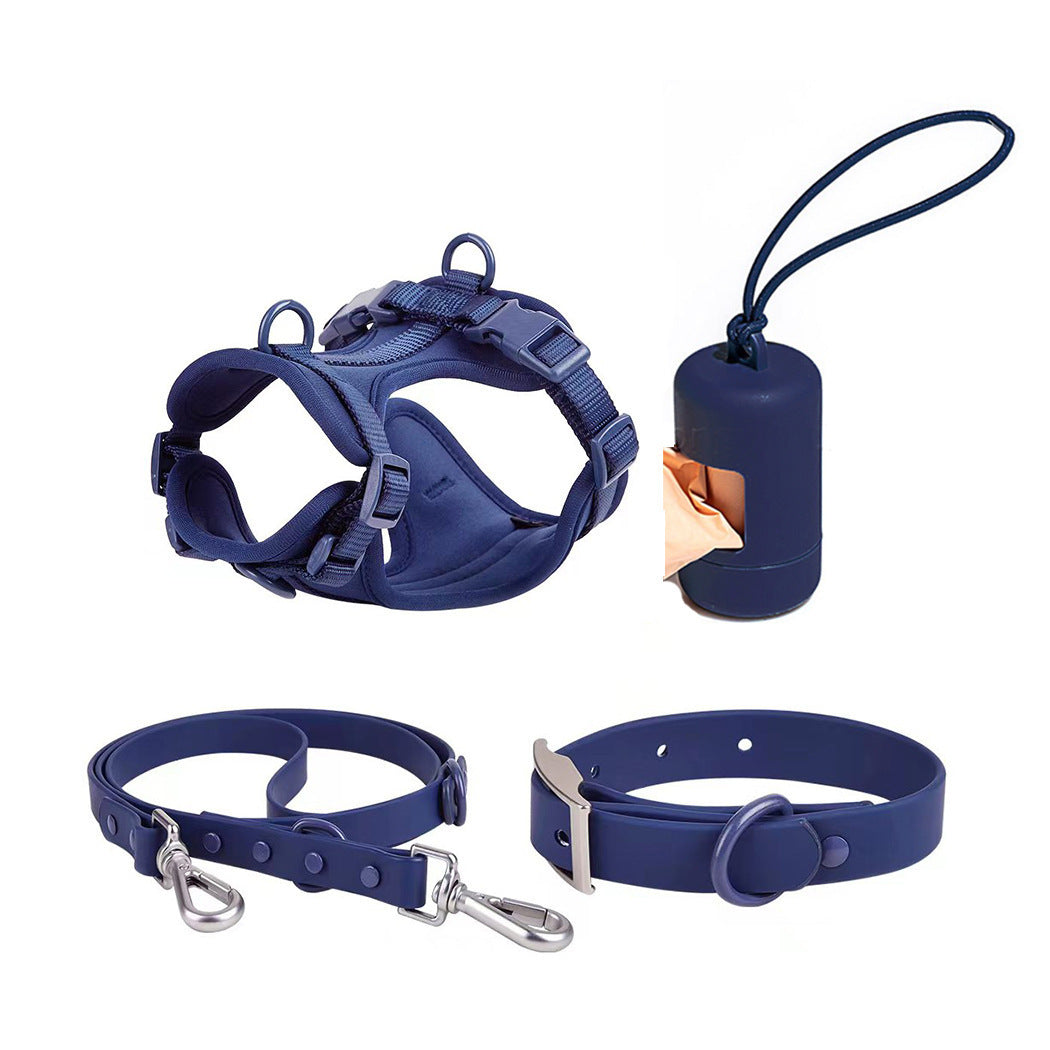Purple four-piece dog harness set with waterproof tactical harness, collar, leash, and waste bag dispenser