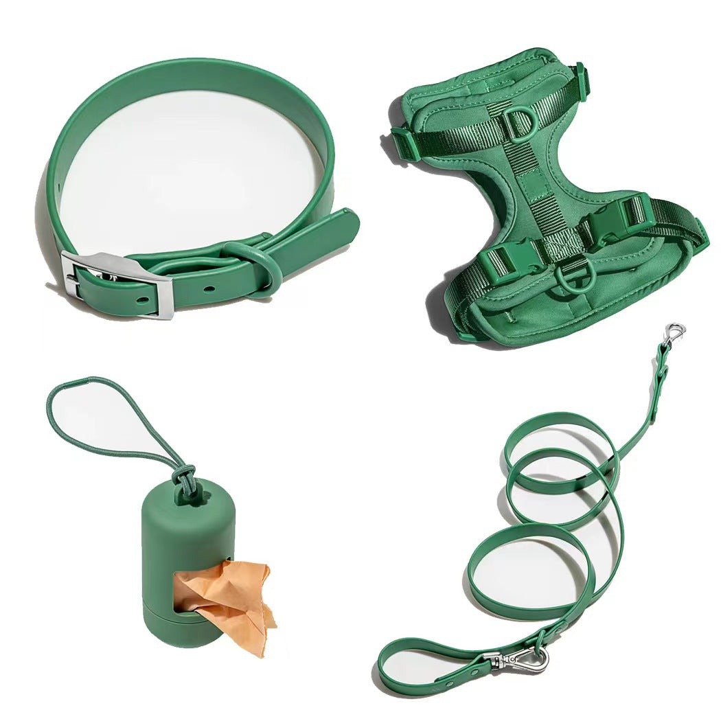 Green dog four-piece set including collar, harness, leash, and waste bag dispenser