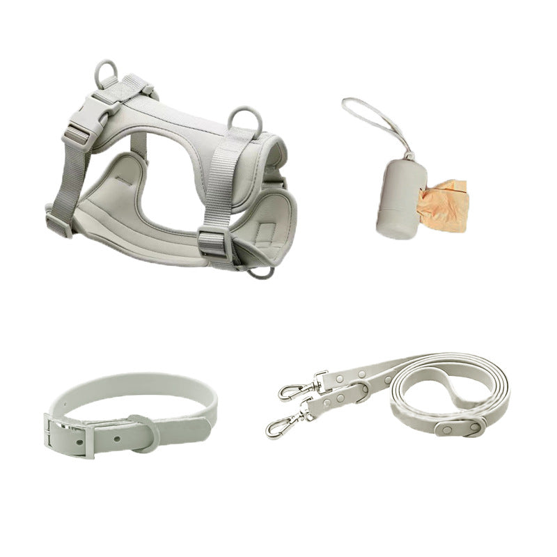 Gray waterproof dog harness set with collar, leash, and waste bag dispenser for outdoor training