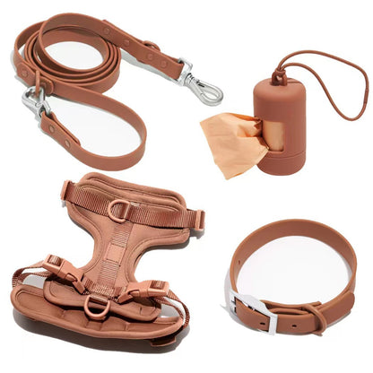 Brown four-piece dog set including leash, harness, collar, and poop bag dispenser with bags