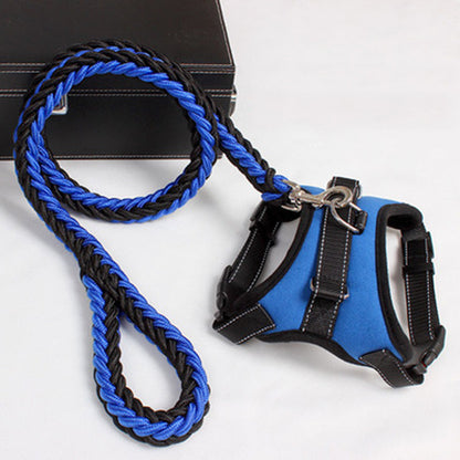Blue and black adjustable dog harness made of breathable material with matching braided leash