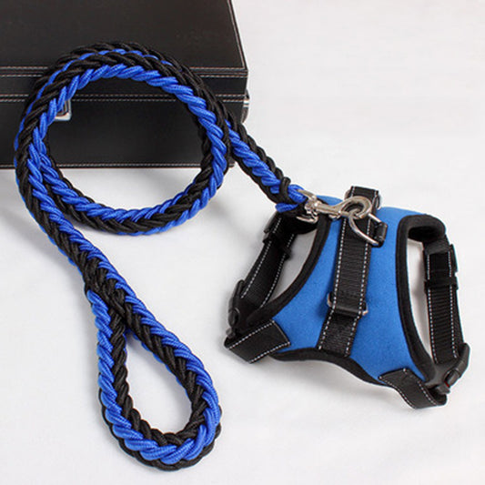 Blue and black adjustable dog harness made of breathable material with matching braided leash