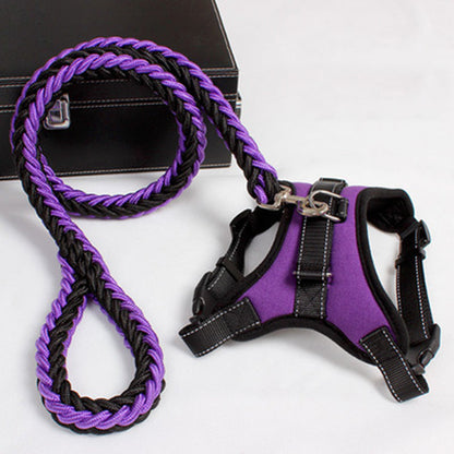 Purple and black breathable mesh dog chest strap harness with adjustable nylon straps and matching braided leash