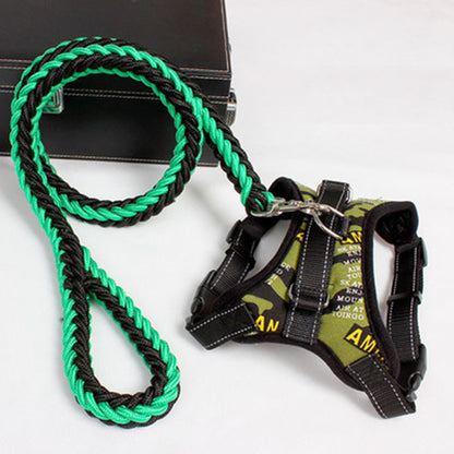 green and black braided dog leash with camo print adjustable dog harness on white background
