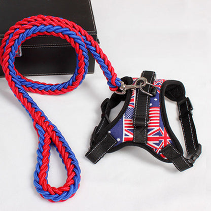 Red and blue braided dog leash with black adjustable harness featuring UK and USA flag design