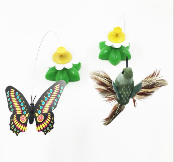 Electric rotating cat toy with colorful butterfly and feathered bird, mounted on green and yellow flower bases