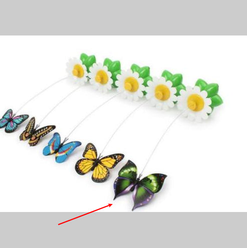 Electric rotating cat toy with colorful butterfly attachments and green flower-shaped base