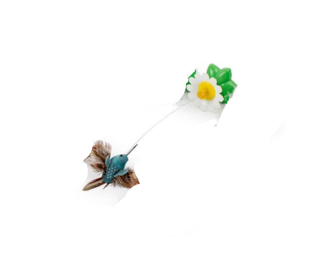 Electric rotating cat toy with blue bird and butterfly attached to a daisy flower base
