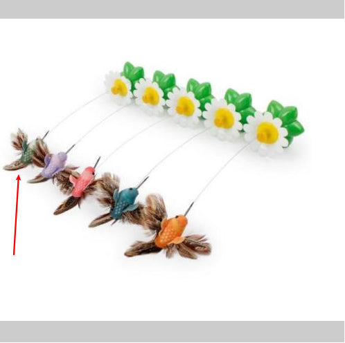 Colorful interactive cat toy with five feathered birds attached to a green and white daisy-shaped base
