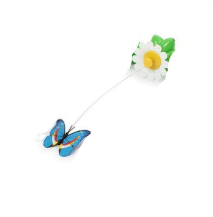 Electric rotating cat toy with blue butterfly on flexible wire and flower-shaped base