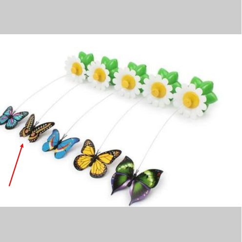 Electric rotating cat toy set with colorful butterfly attachments and daisy-shaped green bases
