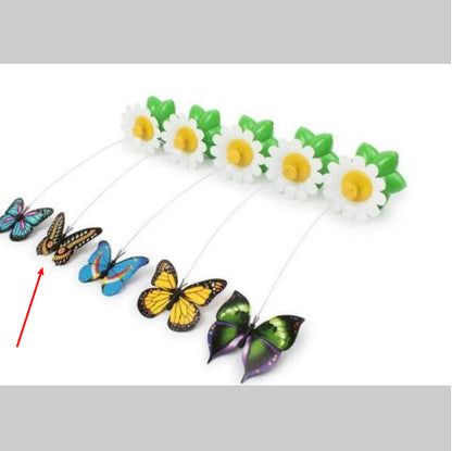 Electric rotating cat toy set with colorful butterfly attachments and daisy-shaped green bases