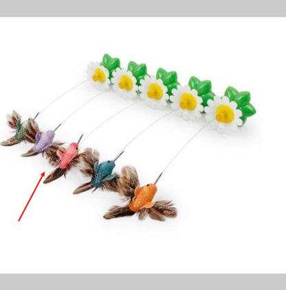 Set of five colorful electric rotating bird cat toys with feathers, attached to green and white flower bases