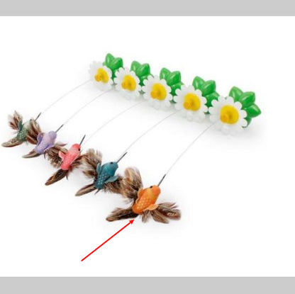Electric rotating cat toy with colorful birds and white flower bases on a white background
