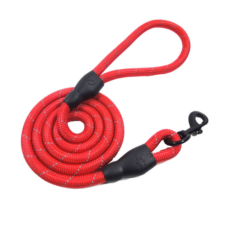 Red durable dog leash made of reflective nylon rope with comfortable handle and black metal hook