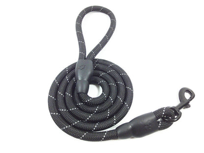 black durable dog leash with reflective nylon rope, comfortable handle loop, and black metal hook