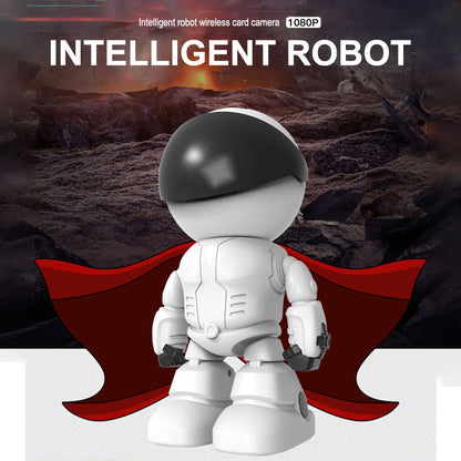 White intelligent robot toy with black visor and red cape in dark rocky background