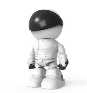 white and black humanoid robot figure with rounded head and mechanical joints on white background