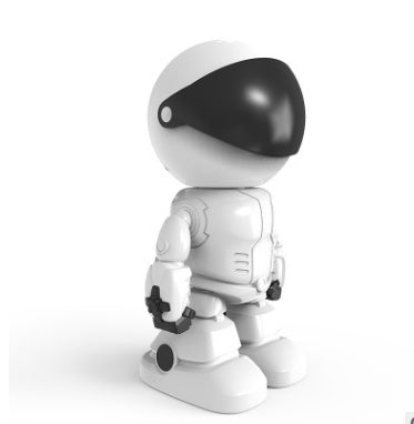White robot figure with black visor and articulated joints standing on white background