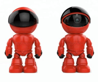 Red robot toy with black face shield, front and back views, showcasing glossy finish and segmented limbs