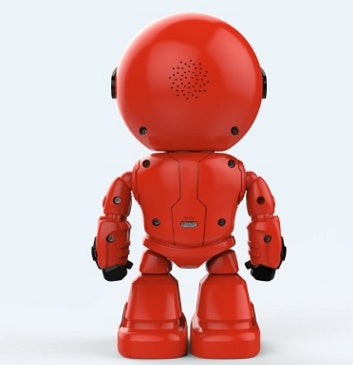 Red smart home security robot camera with rounded design and visible speaker holes
