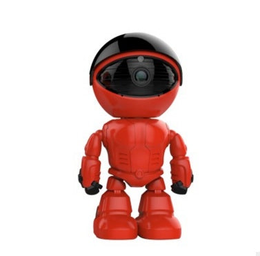 Red robot figure with black visor camera lens head on white background