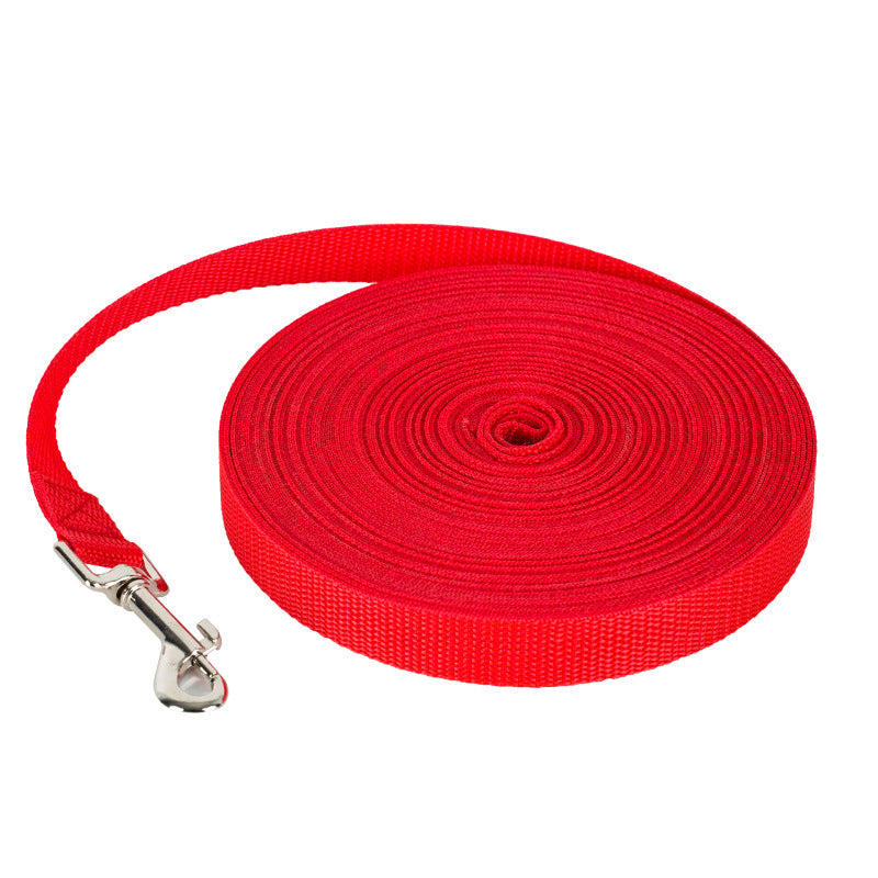 Bright red durable nylon dog leash rolled up with metal clasp on white background