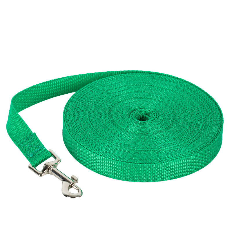 Green nylon dog leash rolled up with silver metal clasp durable washable pet walking accessory