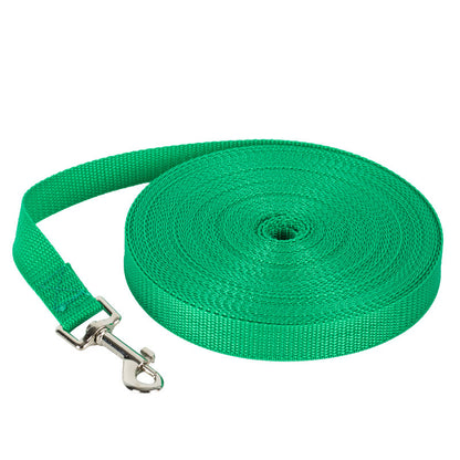Green nylon dog leash rolled up with silver metal clasp durable washable pet walking accessory