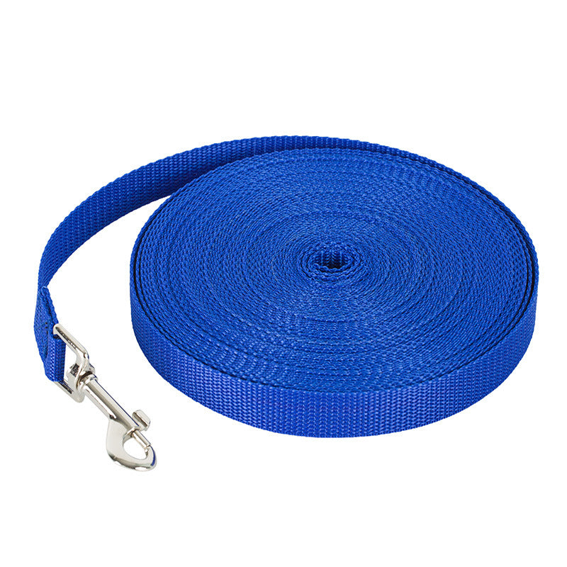 Blue nylon dog leash rolled up with silver metal clip for pet walking