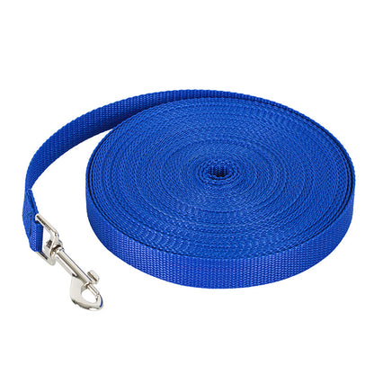 Blue nylon dog leash rolled up with silver metal clip for pet walking
