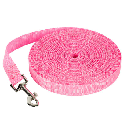 Pink nylon pet leash rolled with metal clasp for dog walking, durable and washable
