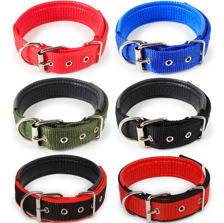 Six adjustable soft-lined pet collars in red, blue, green, black, and two red-black combinations with metal buckles